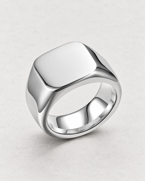 PARLX Axis Band rounded-square signet ring in polished steel on light concrete