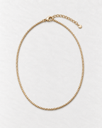 PARLX Box Chain Necklace in champagne gold tone on light concrete — existing render with standardized catalog styling