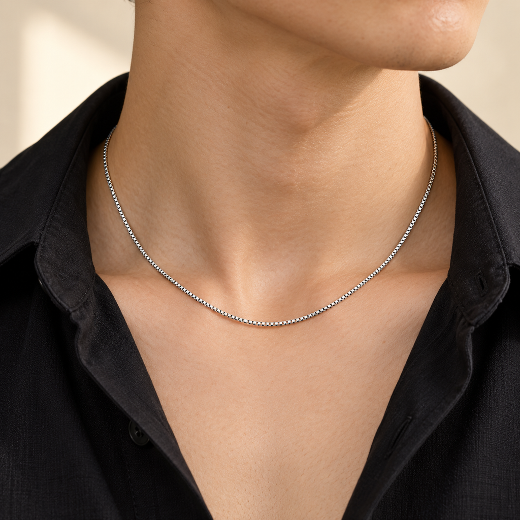 PARLX Box Chain Necklace in polished silver steel — generated on-body styling image