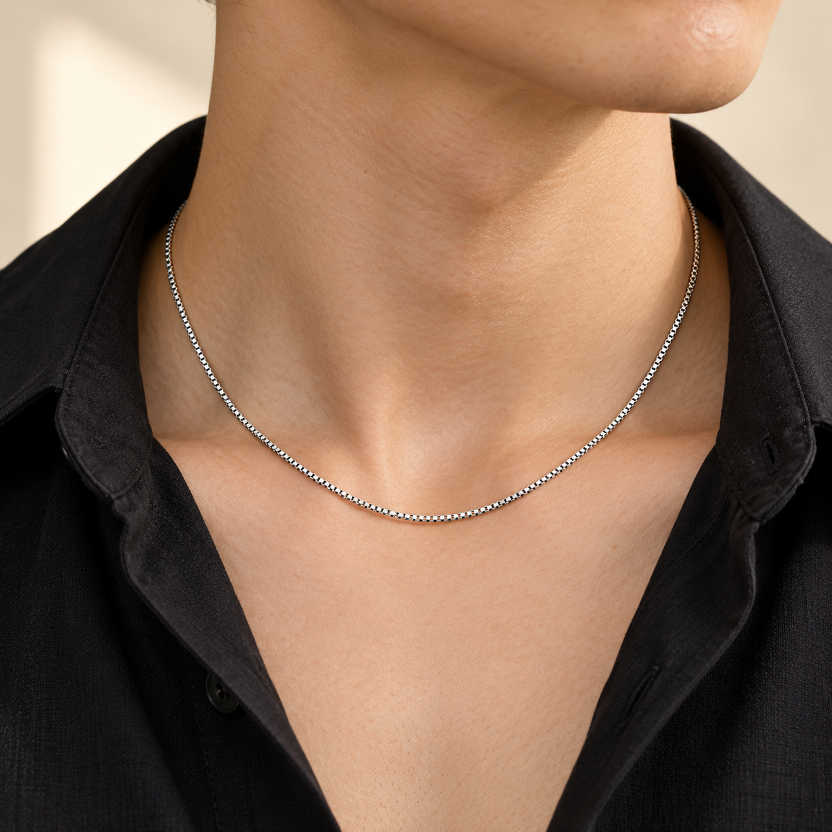 PARLX Box Chain Necklace in polished silver steel — generated on-body styling image