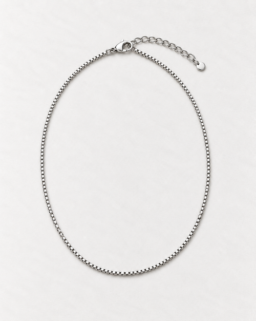 PARLX Box Chain Necklace in polished steel on light concrete — existing render with standardized catalog styling
