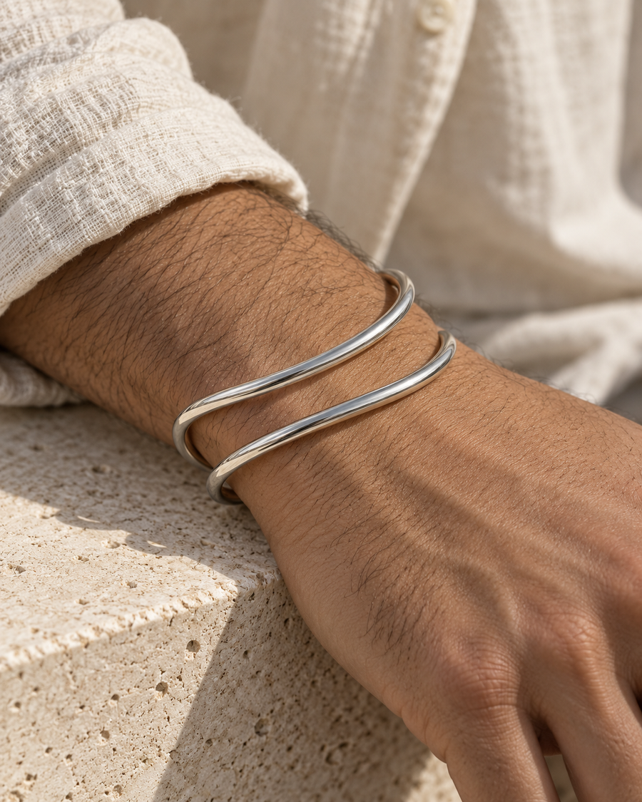 PARLX Double Loop Cuff in polished steel — generated on-body styling image