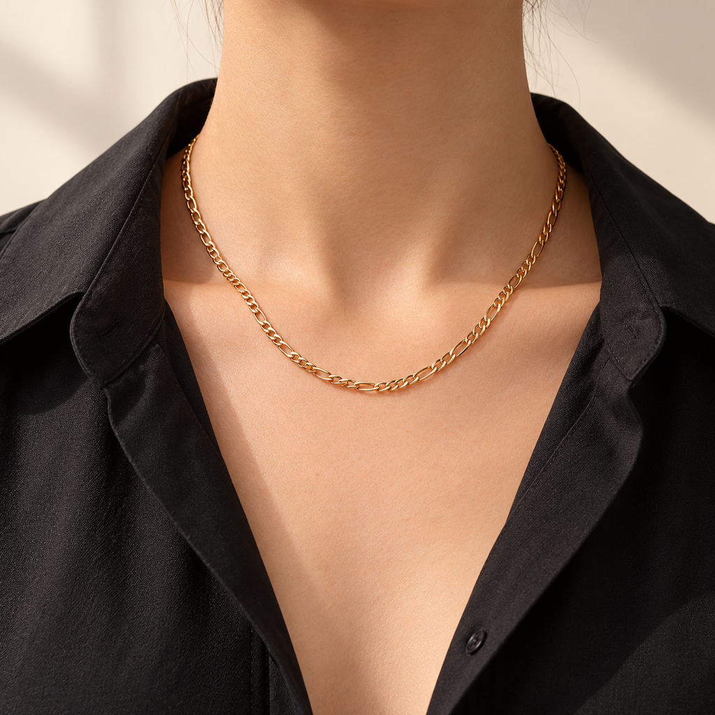 PARLX Figaro Chain Necklace in warm gold tone — generated on-body styling image