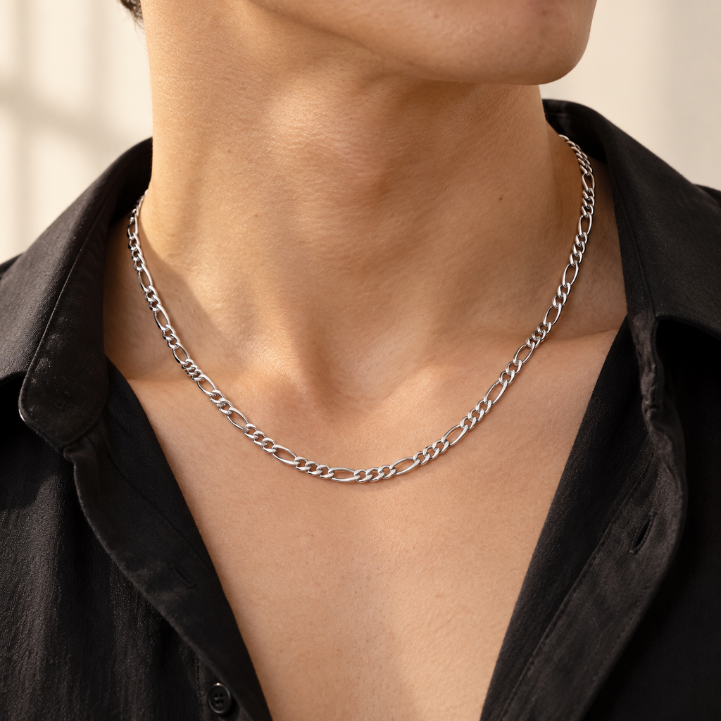 PARLX Figaro Chain Necklace in polished silver steel — generated on-body styling image