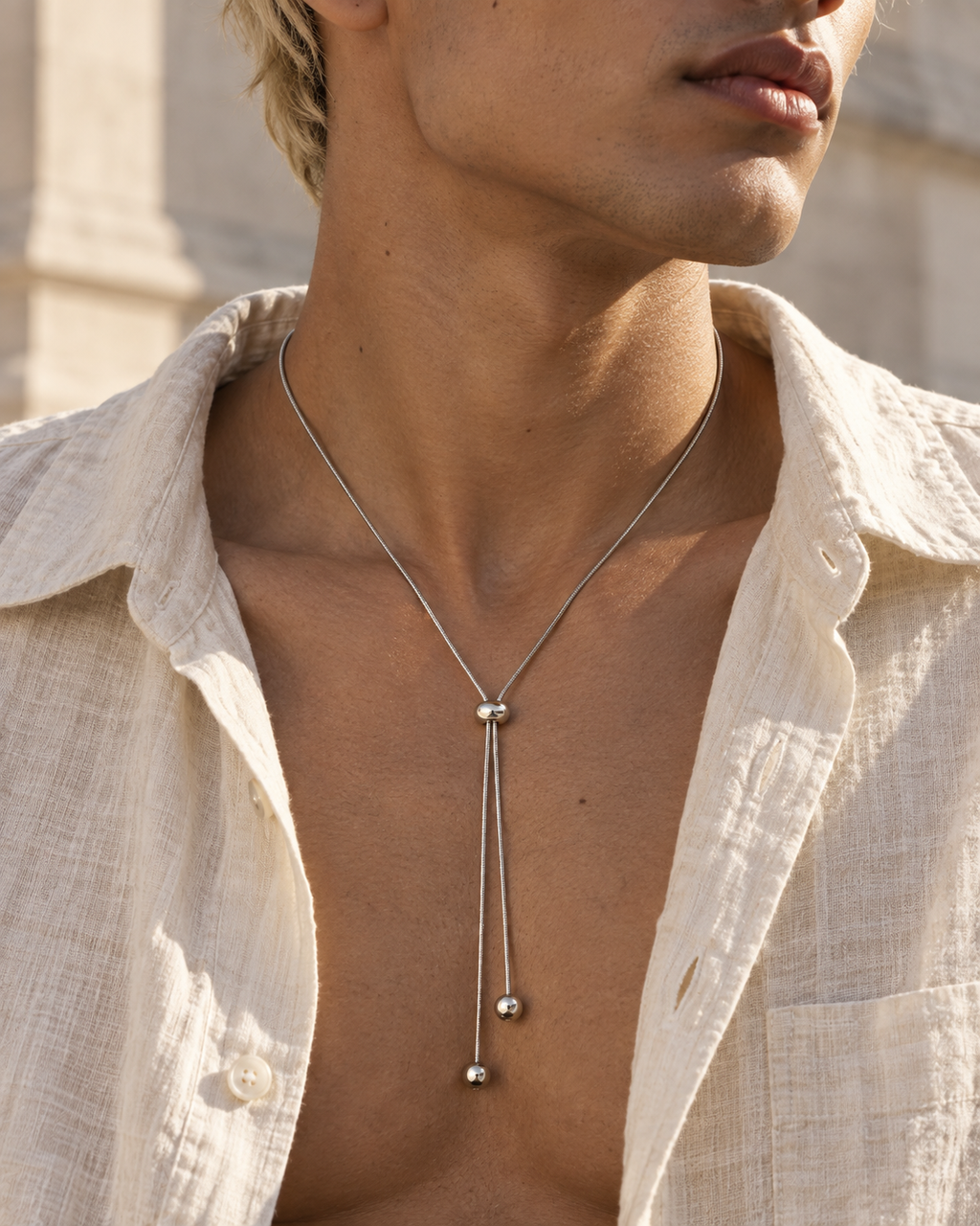 PARLX Adjustable Snake Chain in polished steel — generated on-body styling image