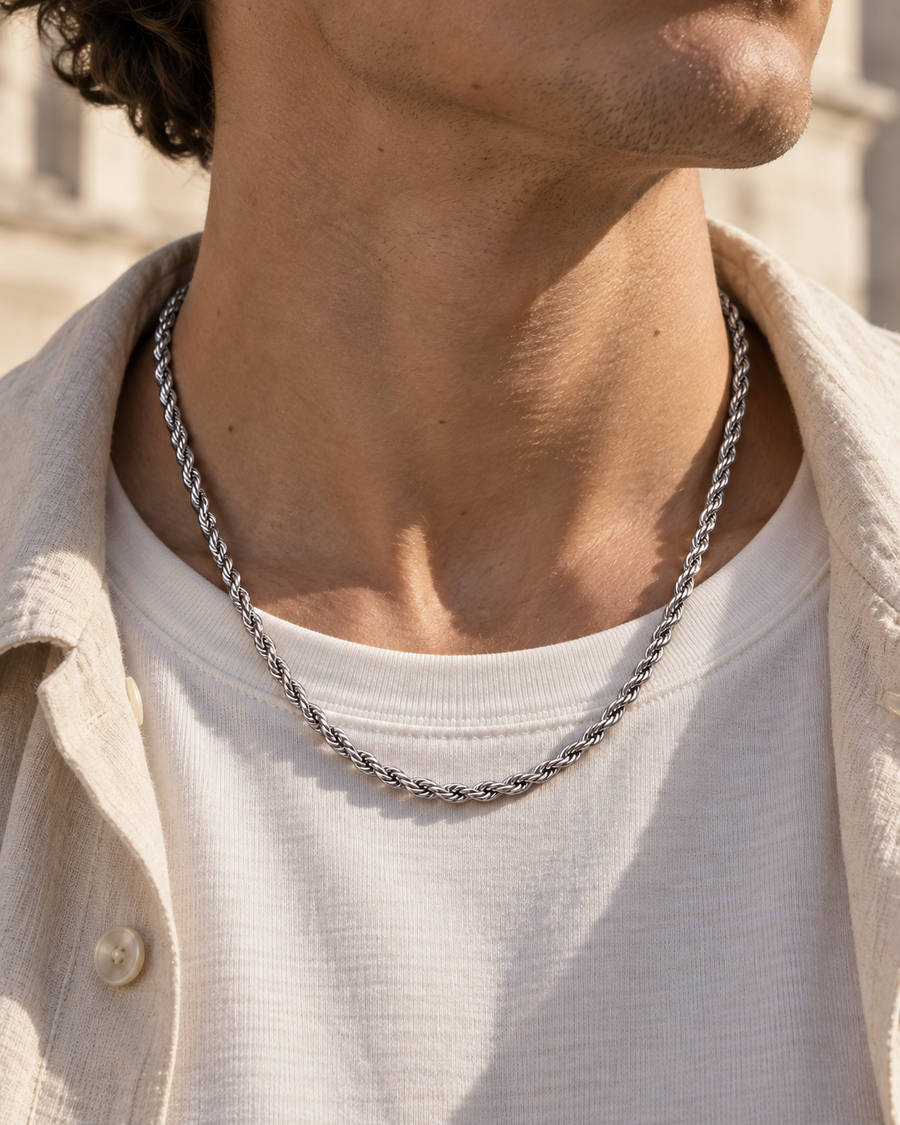 PARLX Twisted Chain Necklace in polished steel — generated on-body styling image